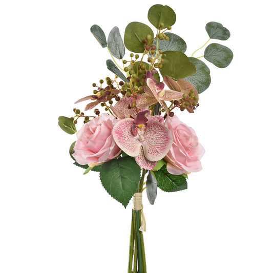 FIORE ARTIFICIALE BOUQUET ROSE ORCHIDEA COL. CREMA E ROSA 45 CM SETA